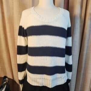 Abercrombie & Fitch L Navy Cream Striped Chunky Knit Sweater Nautical Preppy